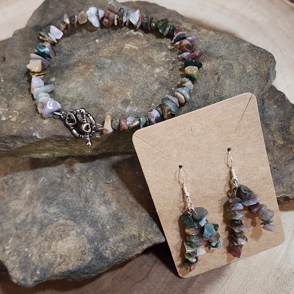 Hand Crafted Boho Natural Stone Chip Bracelet and Earring Set